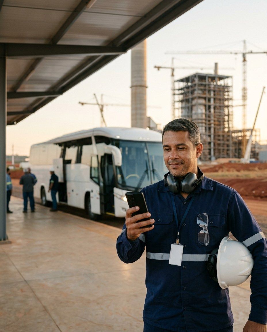 Colaborador de uniforme azul-marinho olhando o celular na plataforma de embarque de uma fábrica em construção