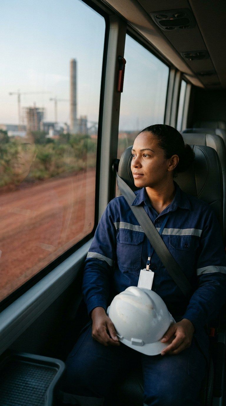 Colaboradora à janela do ônibus olhando a fábrica