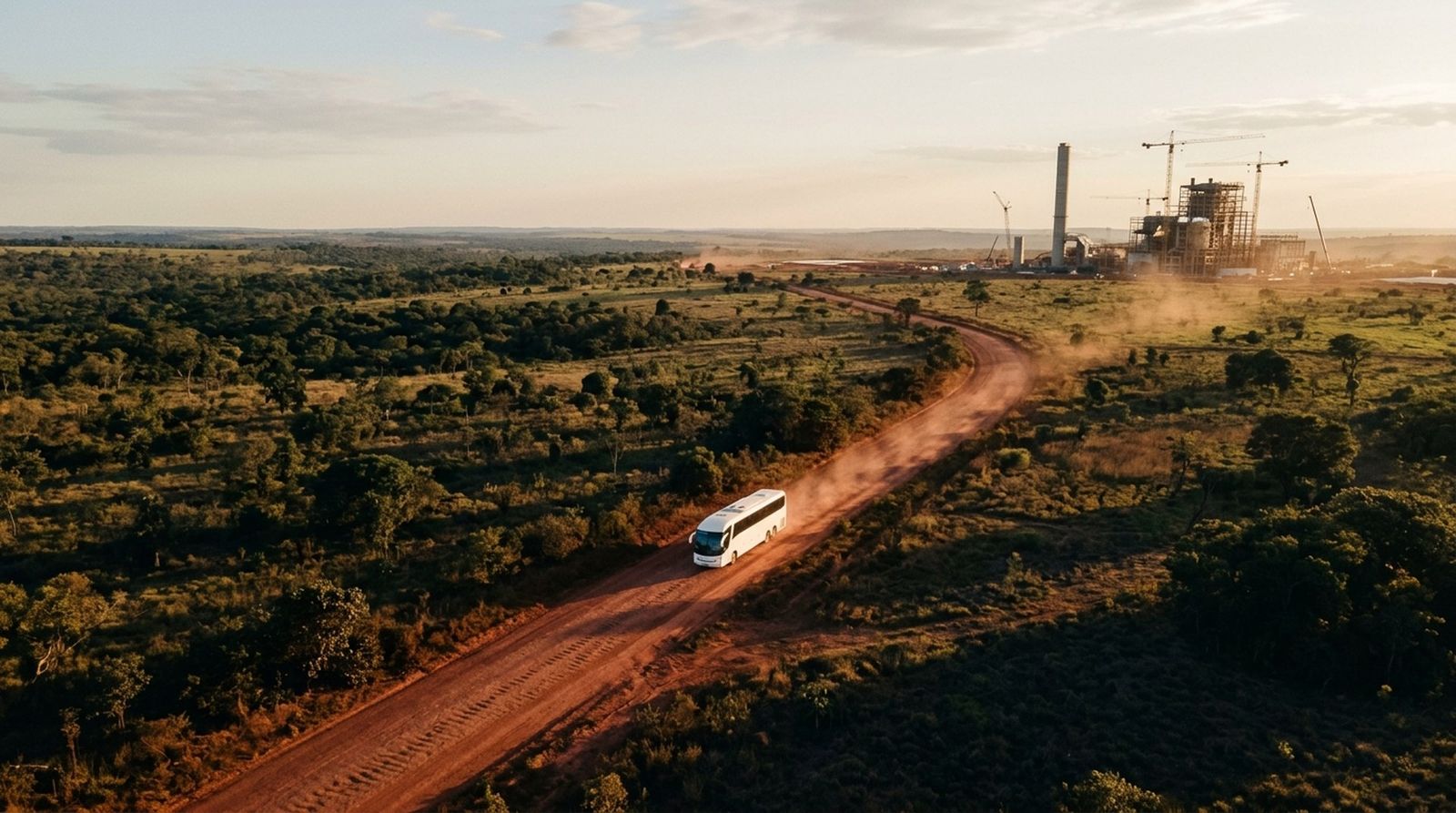 Ônibus em estrada de terra no cerrado, rumo à fábrica