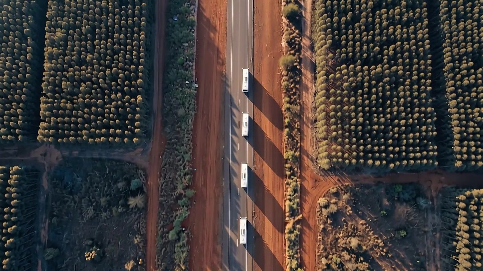 Vista aérea de ônibus em comboio entre plantações