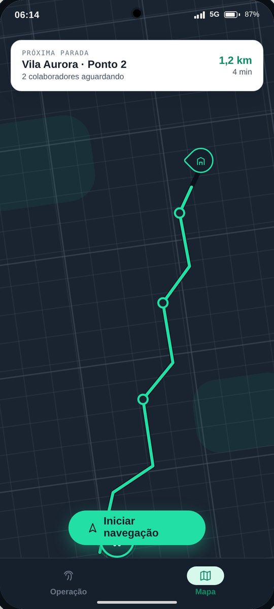 MUVIA Driver: mapa noturno com a próxima parada