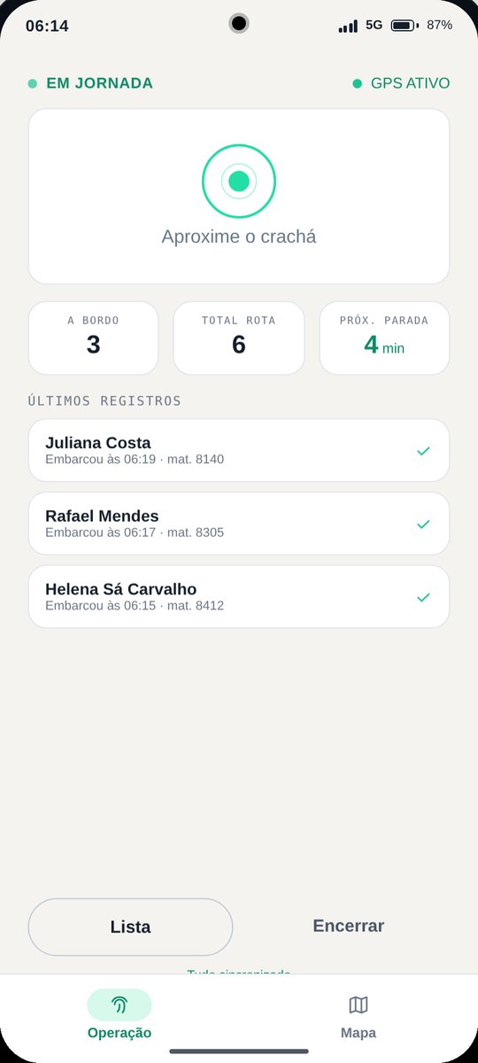 MUVIA Driver: operação com leitor de crachá e últimos embarques